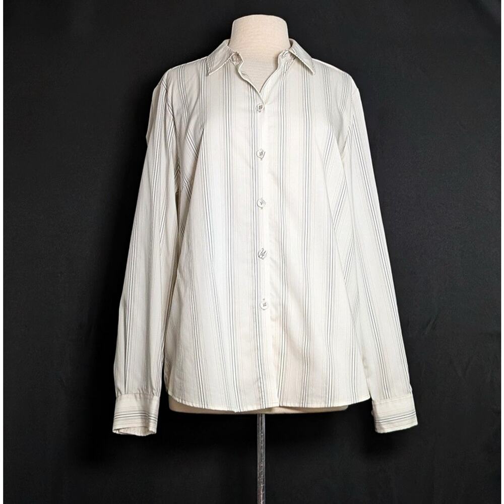 Foxcroft Blouse Cream Black Gray Tan Stripe Top Non Iron Women's Size 16